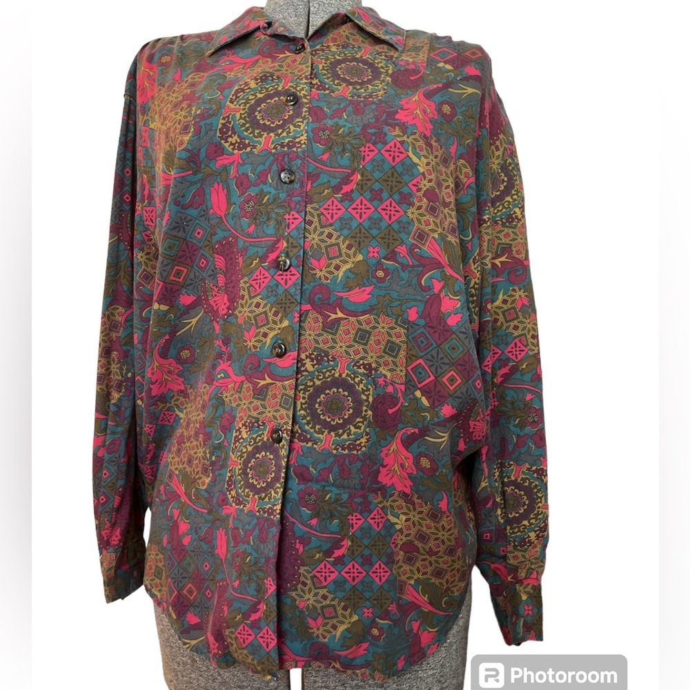 Generra Giovinezza button up long sleeve floral print blouse,T/L,100% rayon, 90s